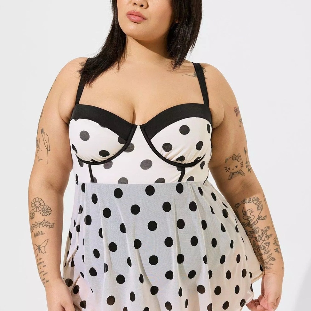 Torrid Retro Polkadot Underwire Mesh Overlay Swim Dress with Brief
